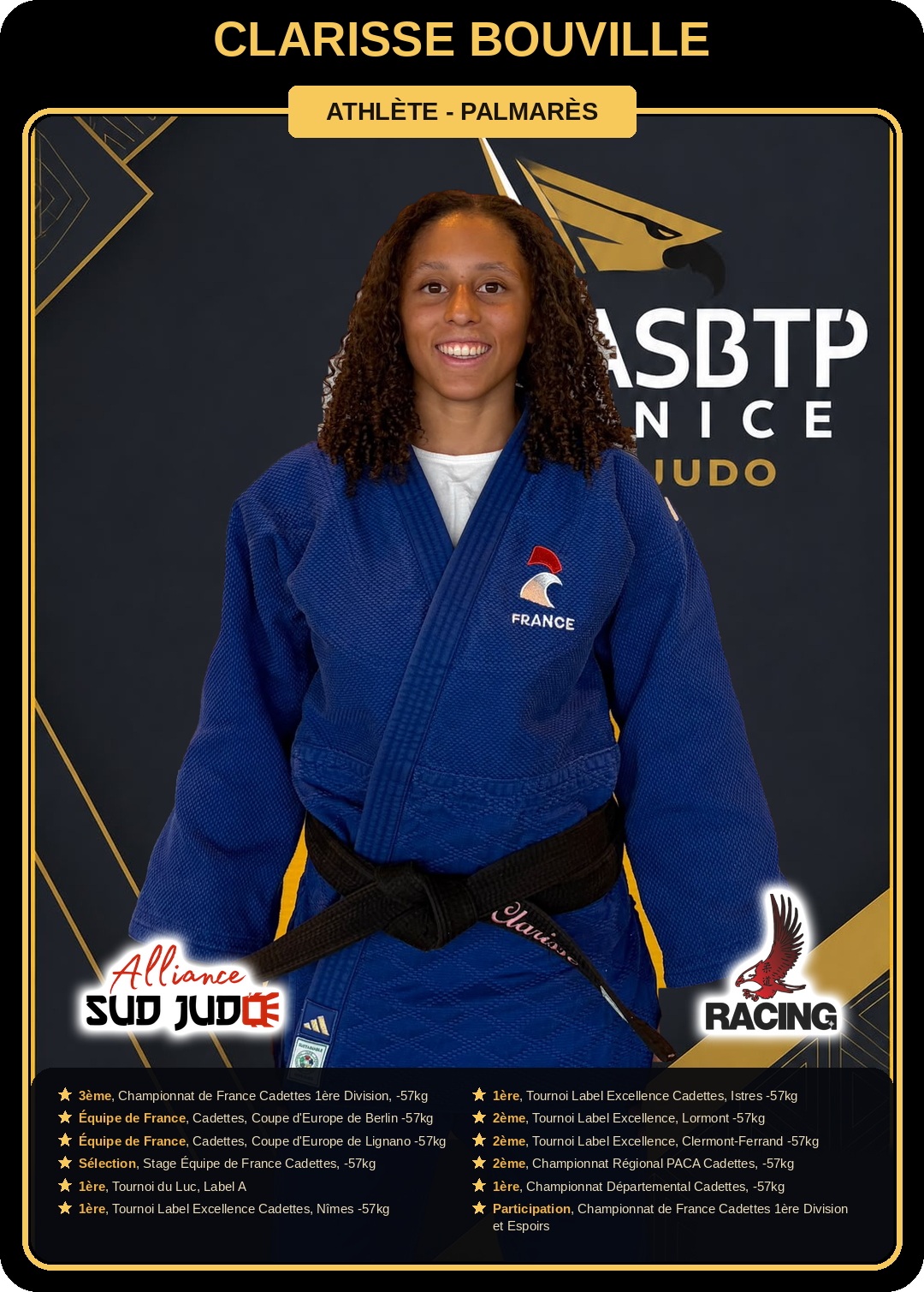 Carte athlète Clarisse Bouville — palmarès ASBTP / Alliance Sud Judo