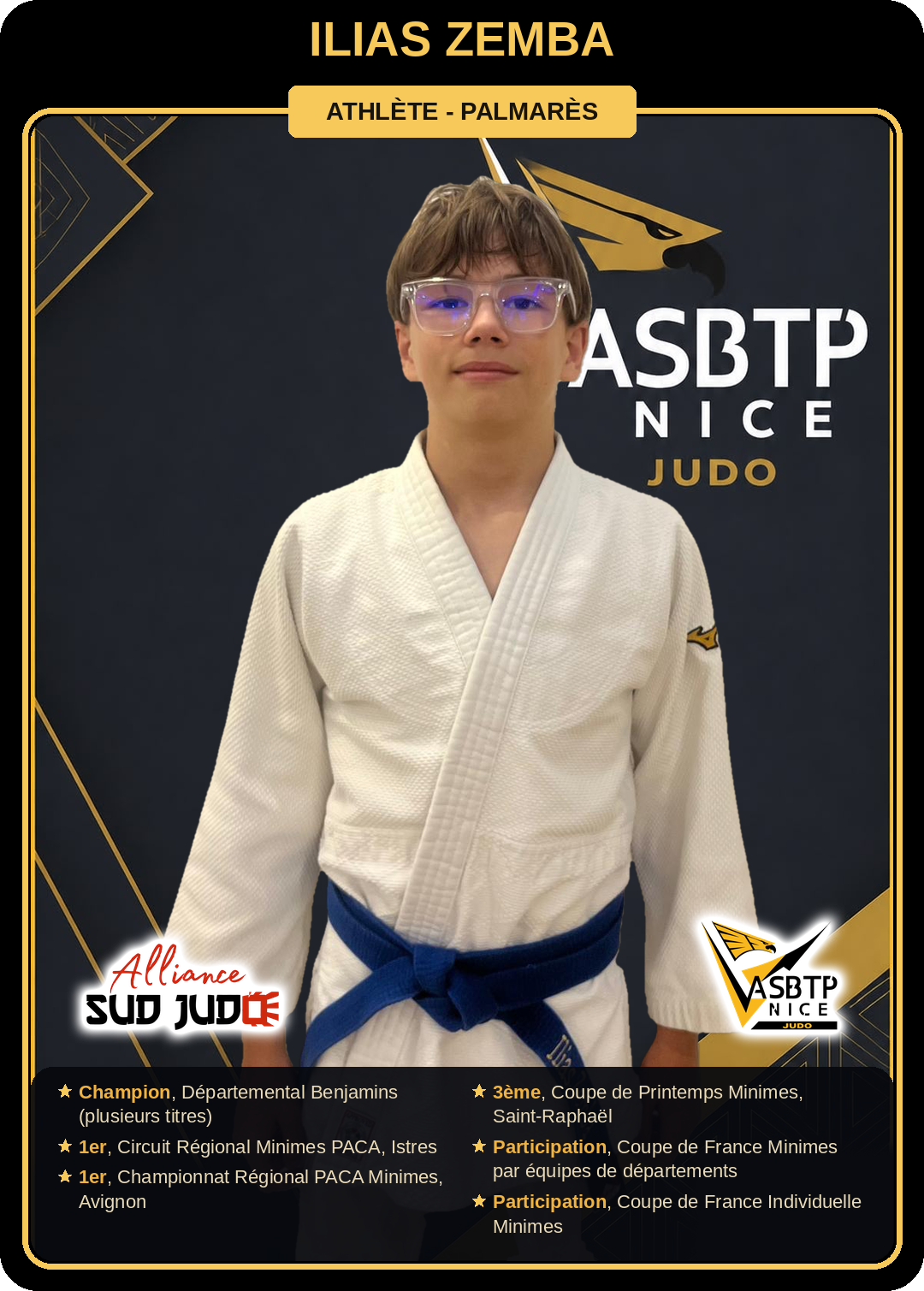 Carte athlète Ilias Zemba — palmarès ASBTP / Alliance Sud Judo