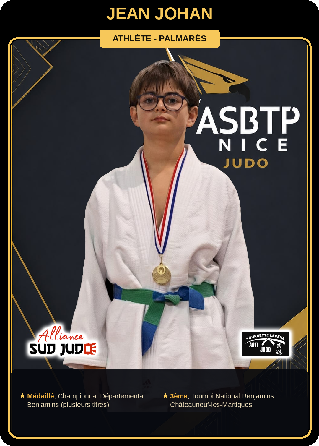 Carte athlète Jean Johan — palmarès ASBTP / Alliance Sud Judo