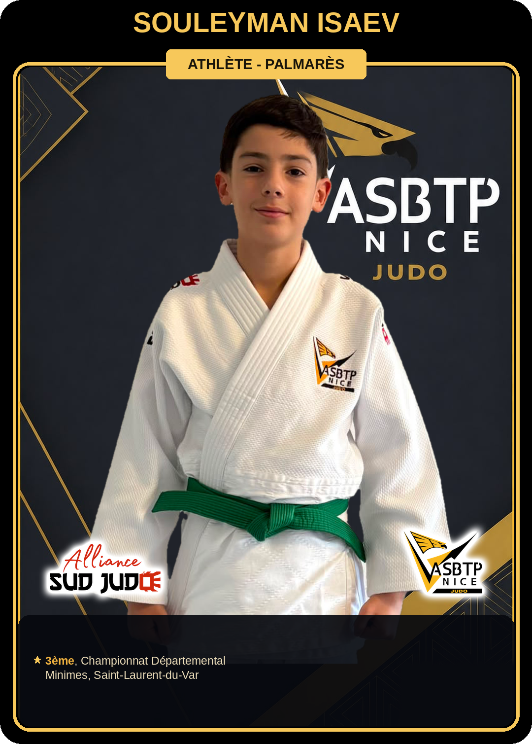 Carte athlète Souleyman Isaev — palmarès ASBTP / Alliance Sud Judo