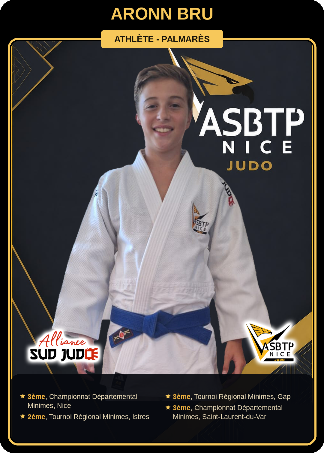 Carte athlète Aronn Bru — palmarès ASBTP / Alliance Sud Judo