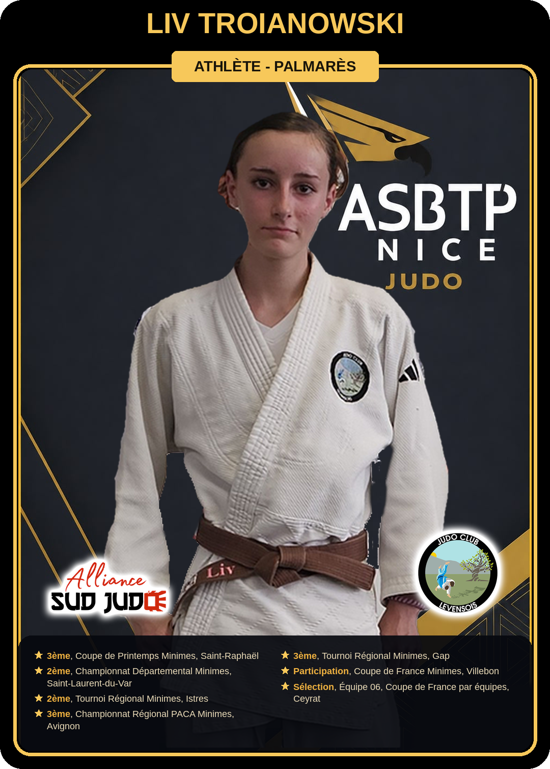 Carte athlète Liv Troianowski — palmarès ASBTP / Alliance Sud Judo