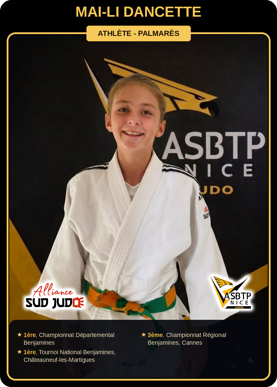Carte athlète Mai-Li Dancette — palmarès ASBTP / Alliance Sud Judo