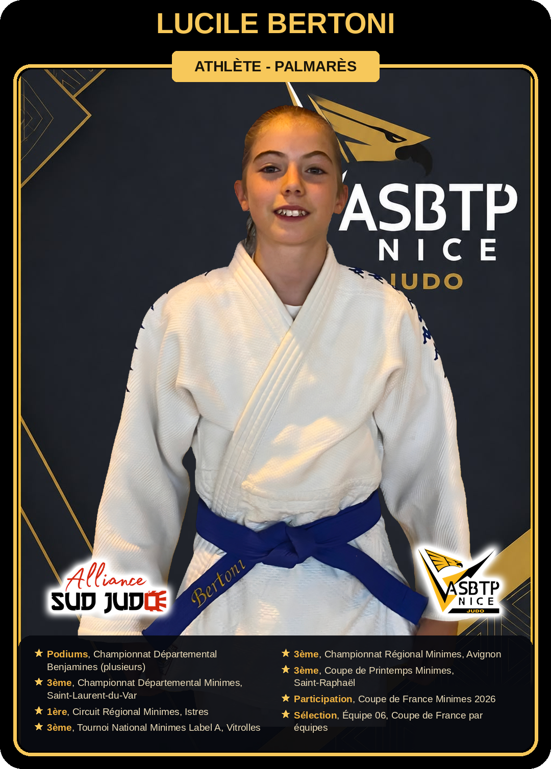 Carte athlète Lucile Bertoni — palmarès ASBTP / Alliance Sud Judo