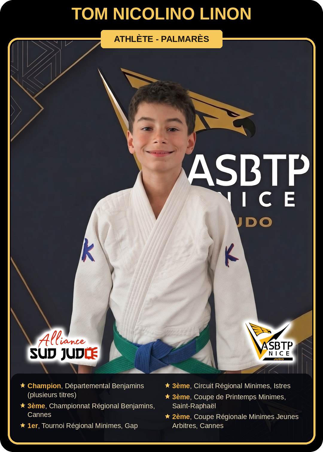Carte athlète Tom Nicolino Linon — palmarès ASBTP / Alliance Sud Judo