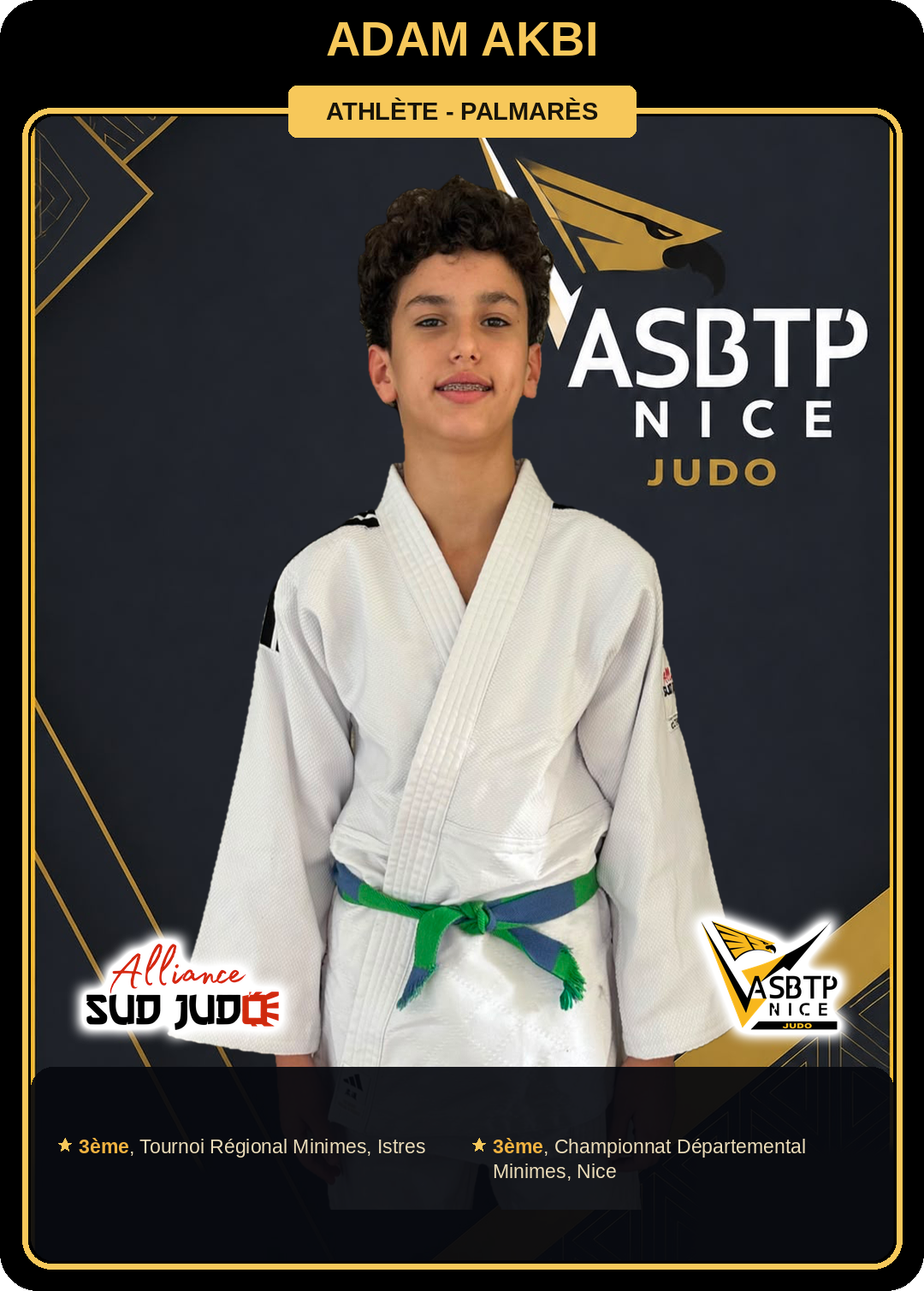 Carte athlète Adam Akbi — palmarès ASBTP / Alliance Sud Judo
