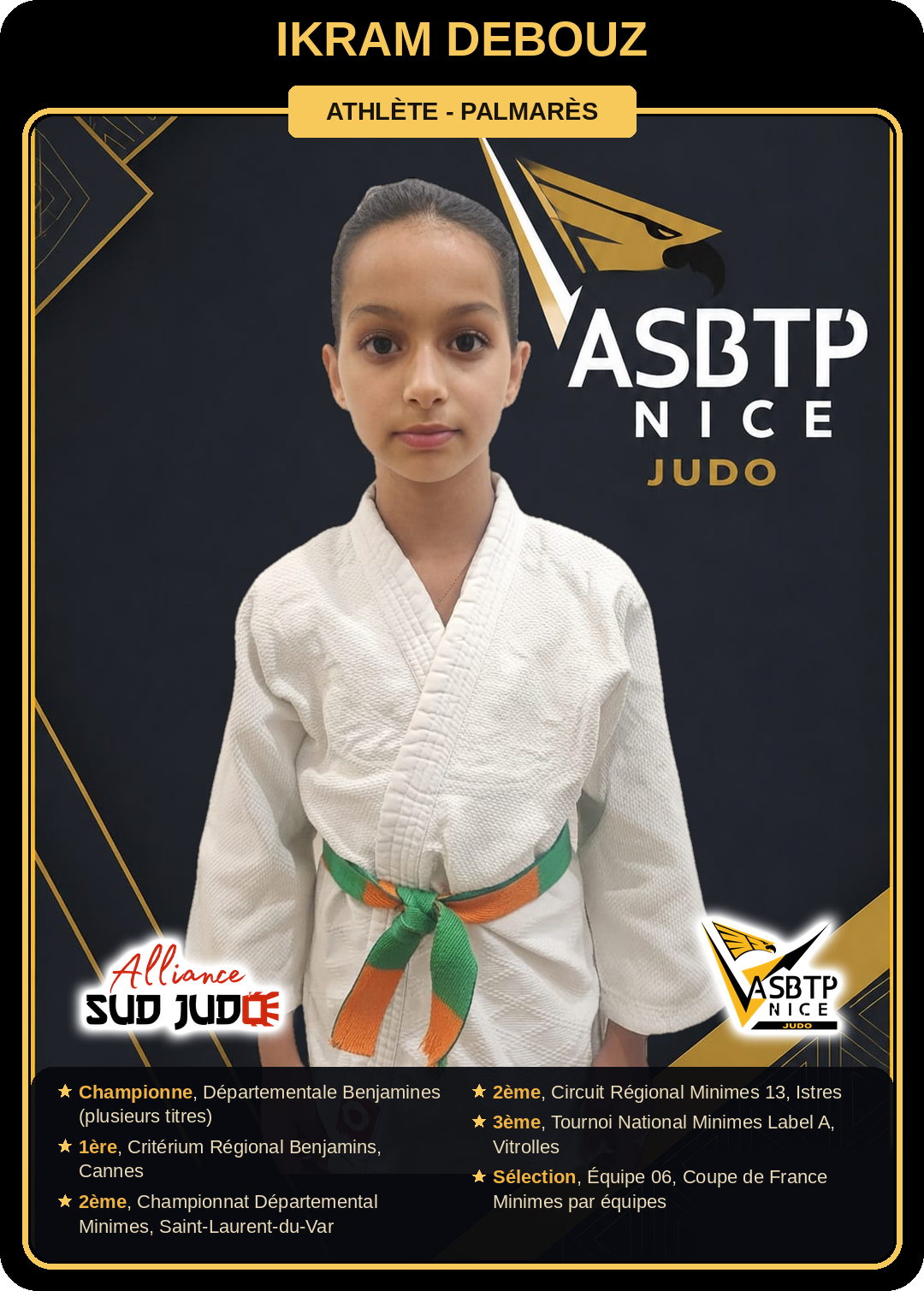 Carte athlète Ikram Debouz — palmarès ASBTP / Alliance Sud Judo