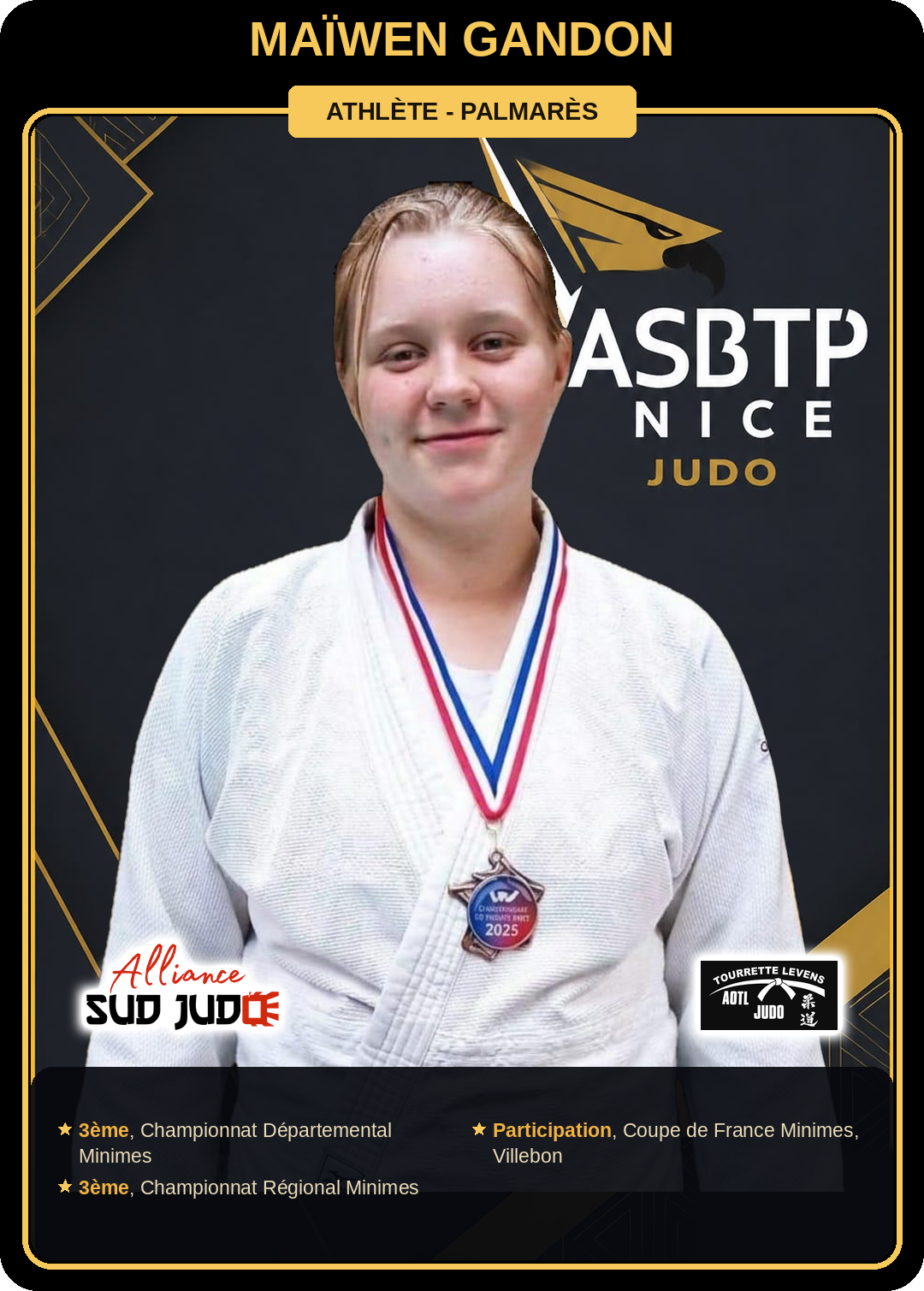 Carte athlète Maïwen Gandon — palmarès ASBTP / Alliance Sud Judo