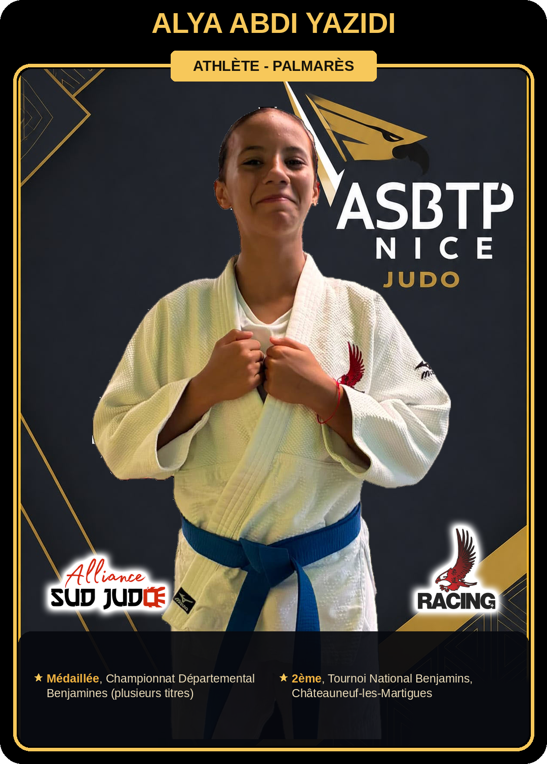 Carte athlète Alya Abdi Yazidi — palmarès ASBTP / Alliance Sud Judo