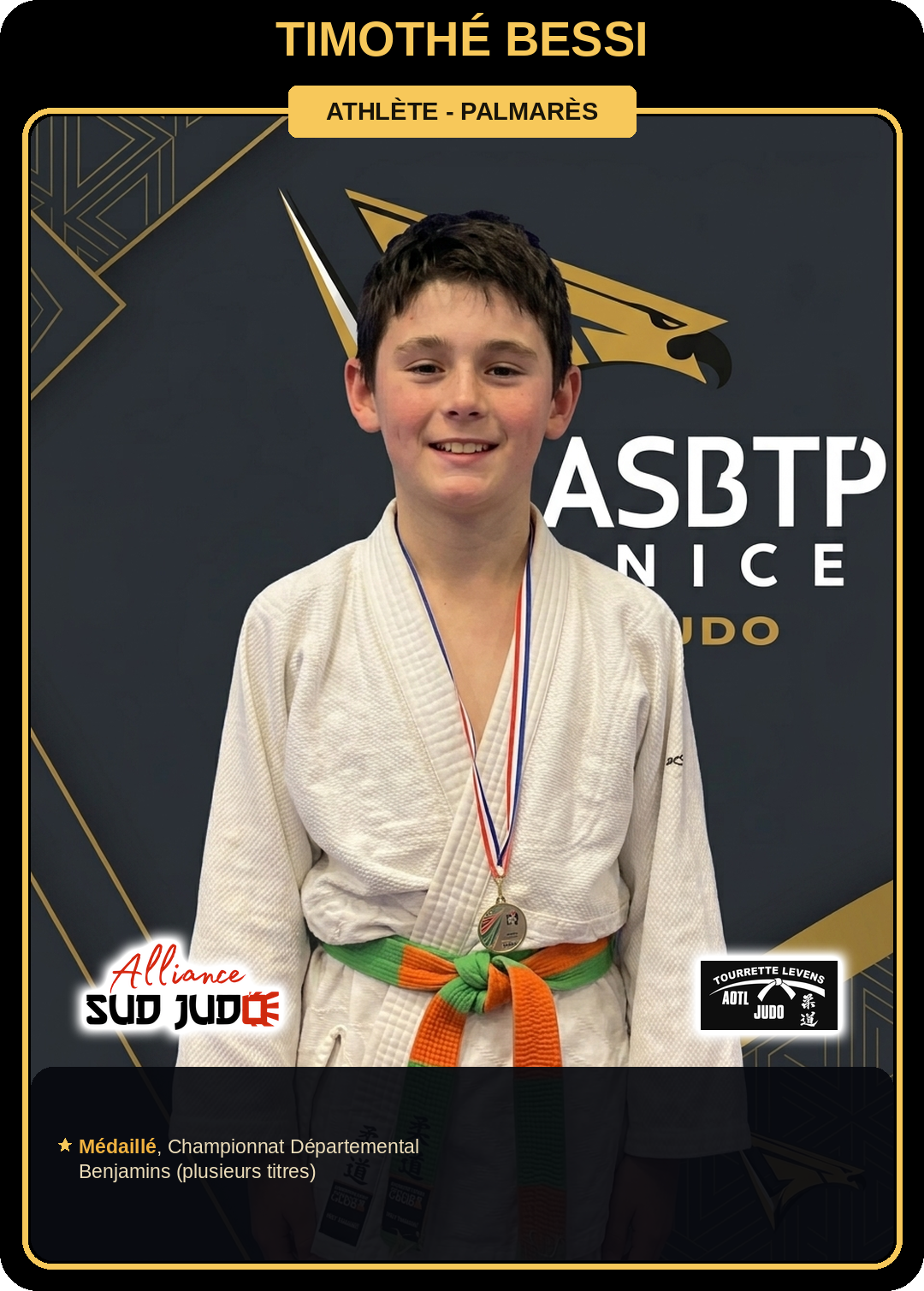 Carte athlète Timothé Bessi — palmarès ASBTP / Alliance Sud Judo