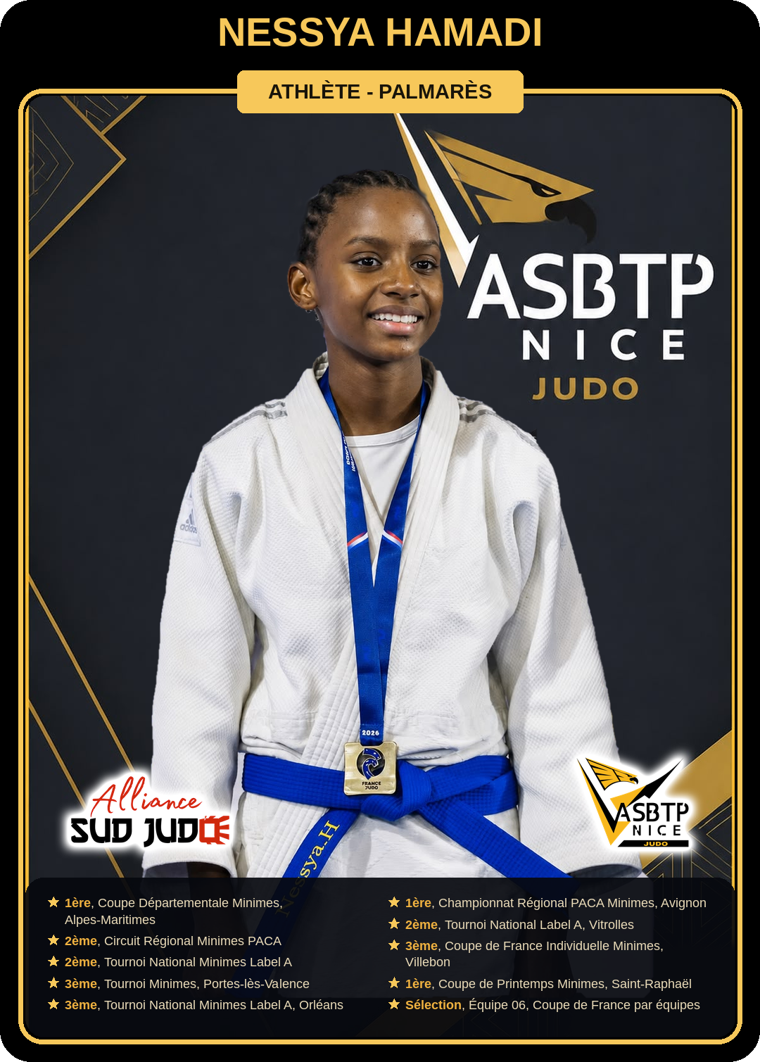 Carte athlète Nessya Hamadi — palmarès ASBTP / Alliance Sud Judo