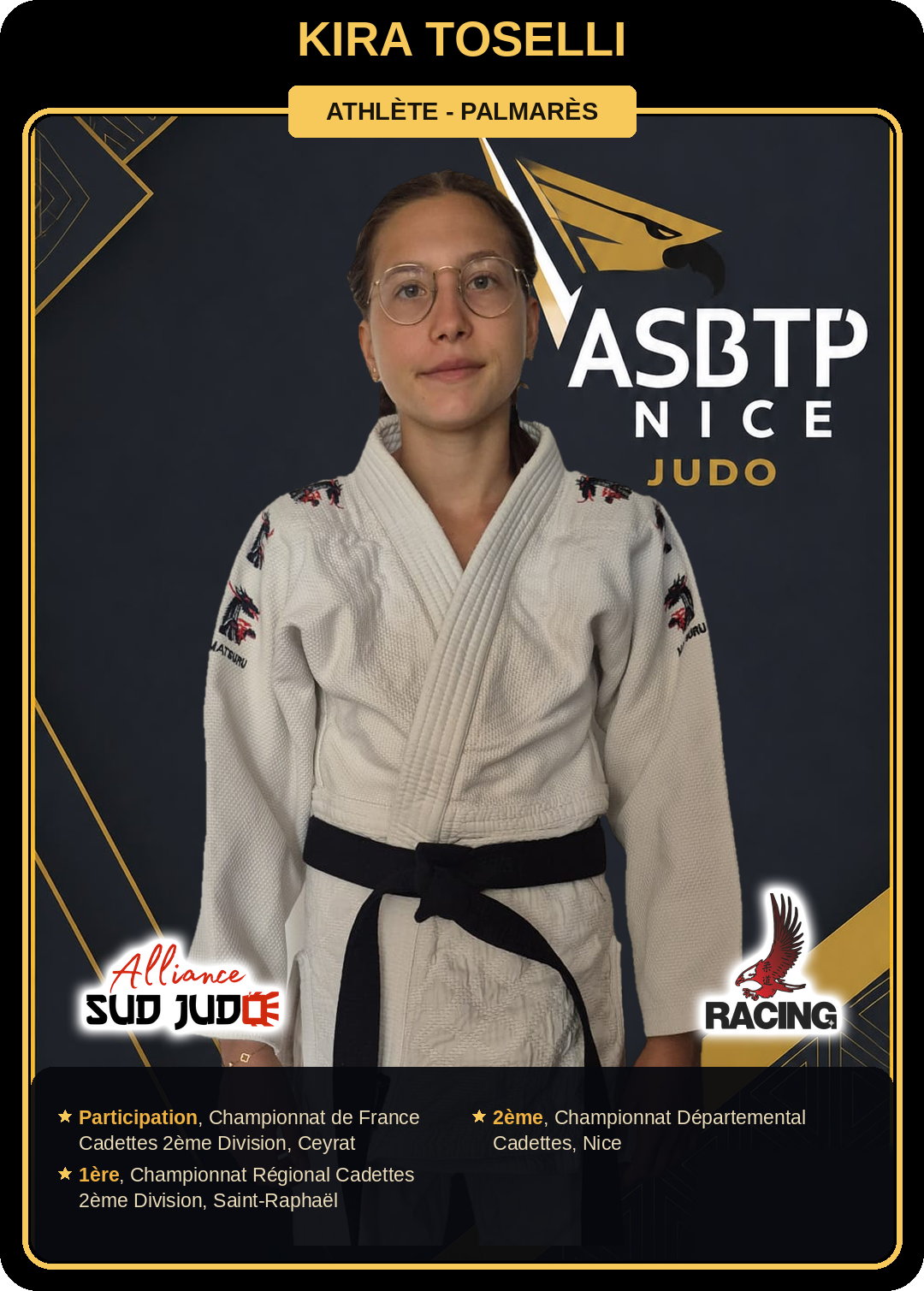 Carte athlète Kira Toselli — palmarès ASBTP / Alliance Sud Judo