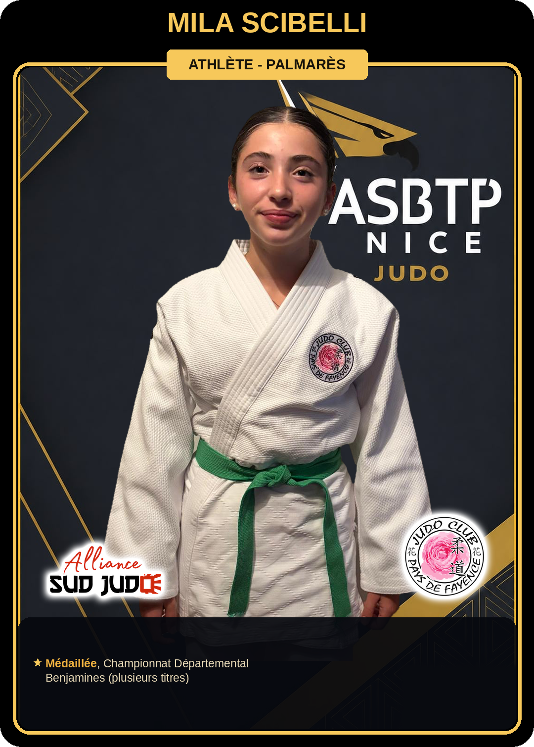 Carte athlète Mila Scibelli — palmarès ASBTP / Alliance Sud Judo