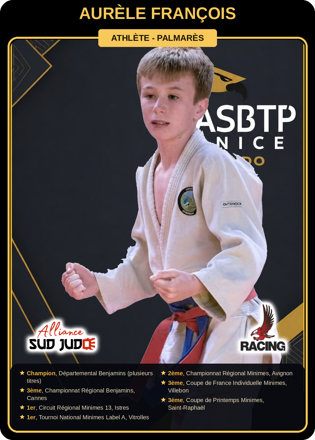 Carte athlète Aurèle François — palmarès ASBTP / Alliance Sud Judo