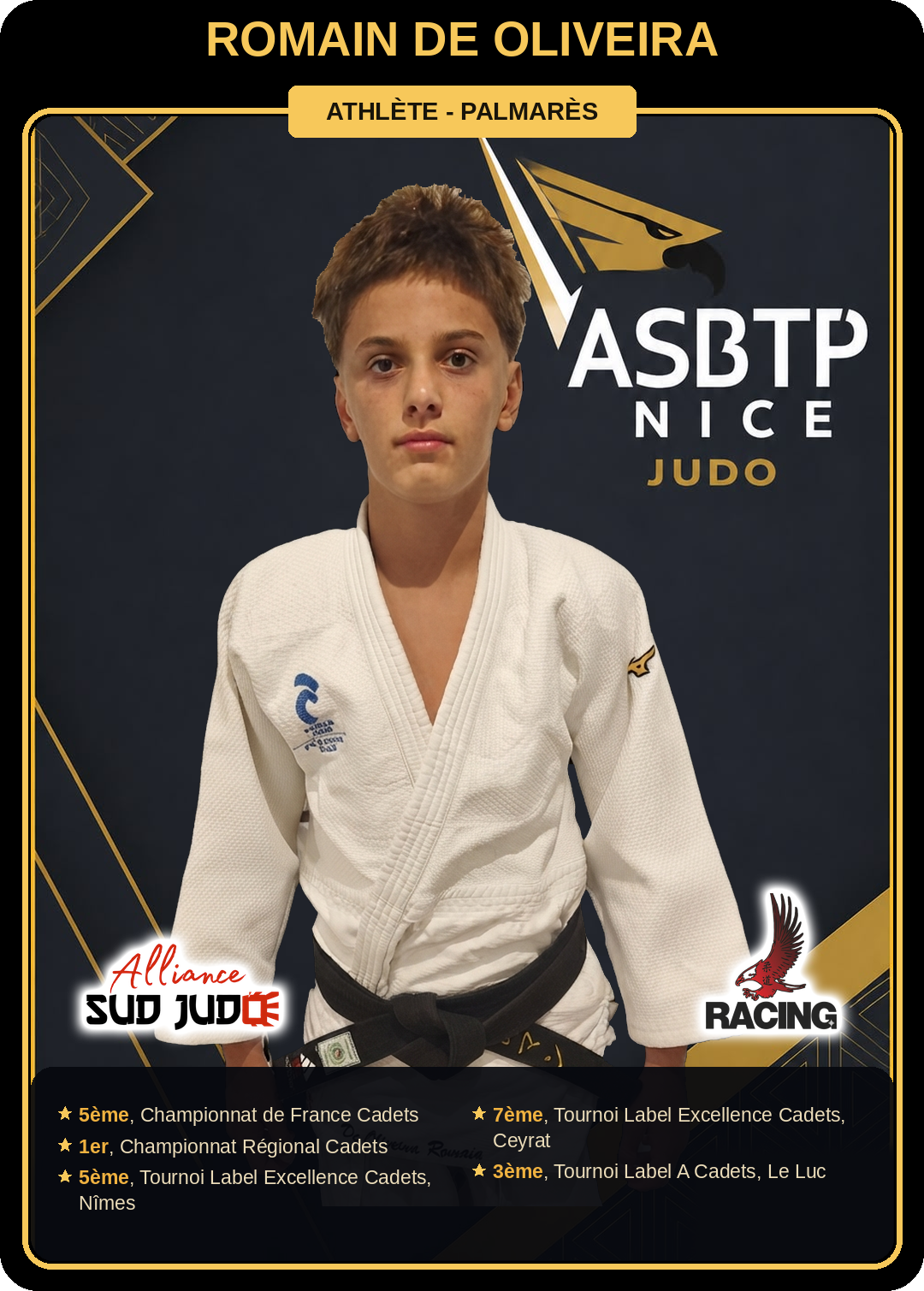 Carte athlète Romain De Oliveira — palmarès ASBTP / Alliance Sud Judo