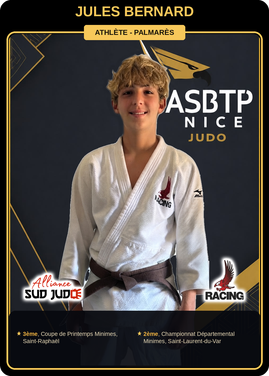 Carte athlète Jules Bernard — palmarès ASBTP / Alliance Sud Judo