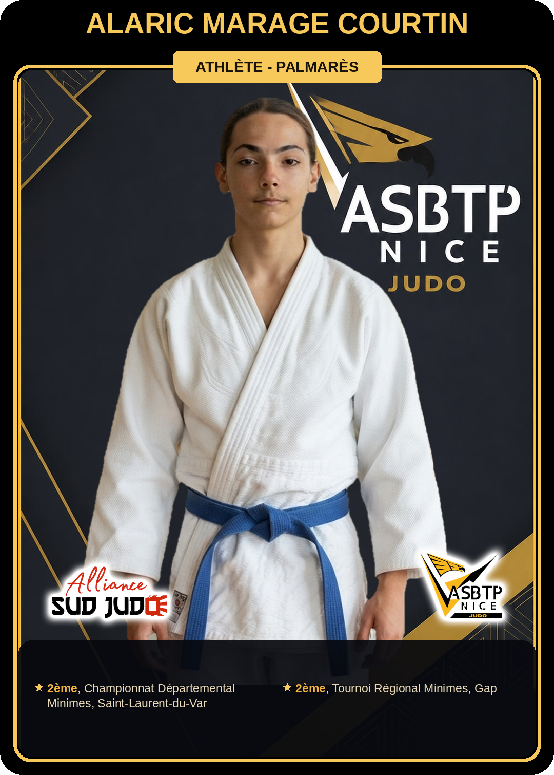 Carte athlète Alaric Marage Courtin — palmarès ASBTP / Alliance Sud Judo