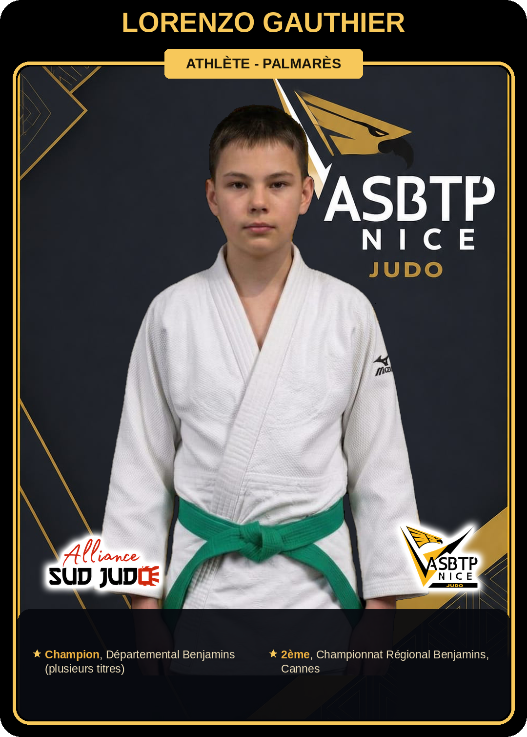Carte athlète Lorenzo Gauthier — palmarès ASBTP / Alliance Sud Judo