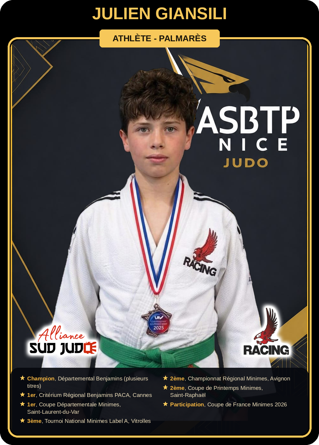 Carte athlète Julien Giansili — palmarès ASBTP / Alliance Sud Judo