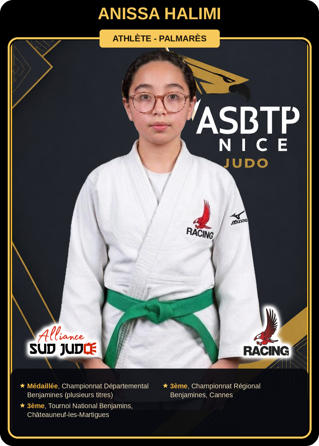 Carte athlète Anissa Halimi — palmarès ASBTP / Alliance Sud Judo