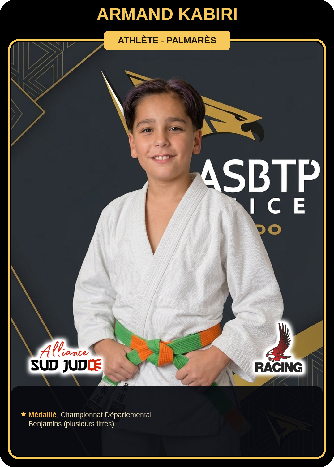 Carte athlète Armand Kabiri — palmarès ASBTP / Alliance Sud Judo