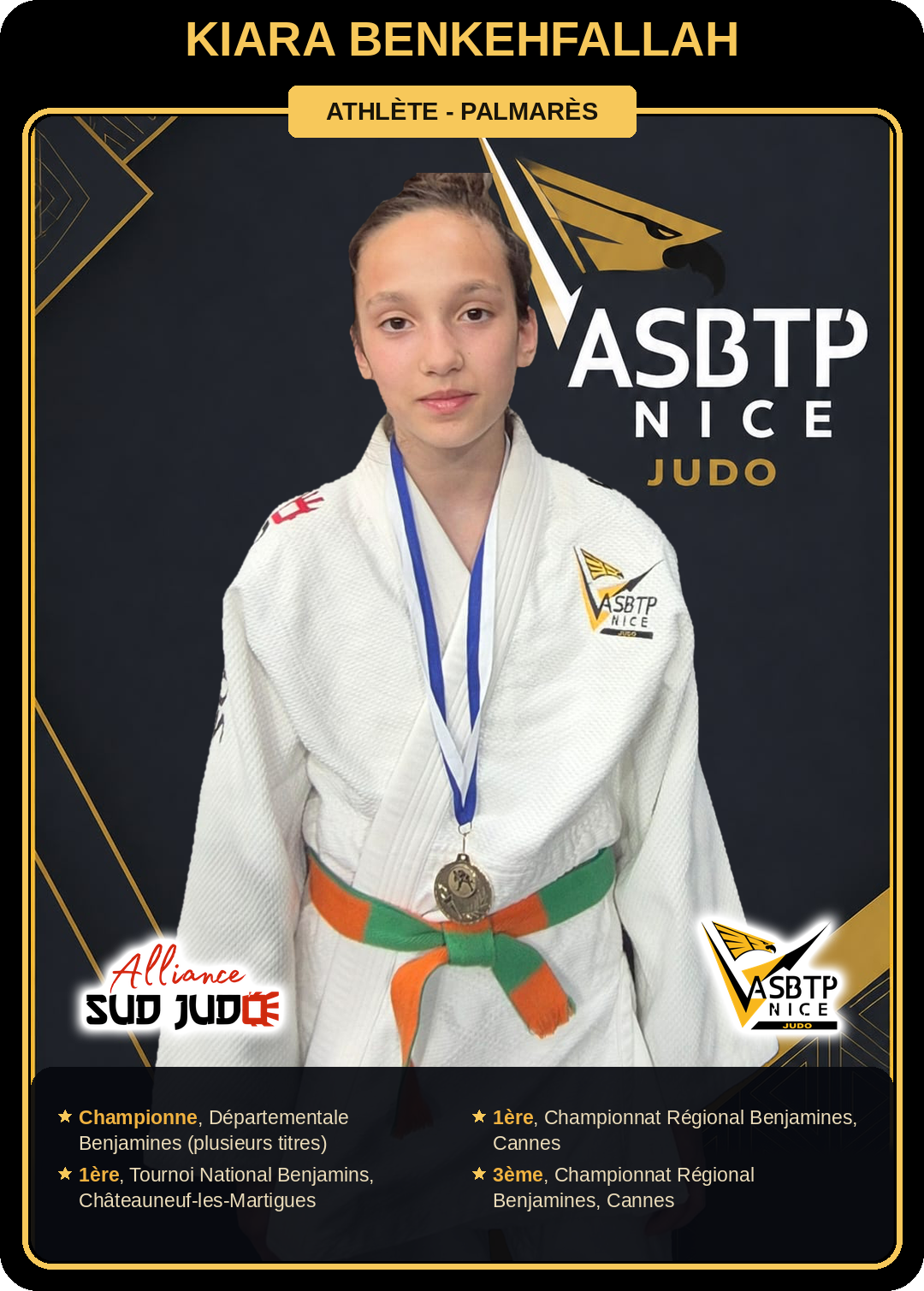 Carte athlète Kiara Benkehfallah — palmarès ASBTP / Alliance Sud Judo