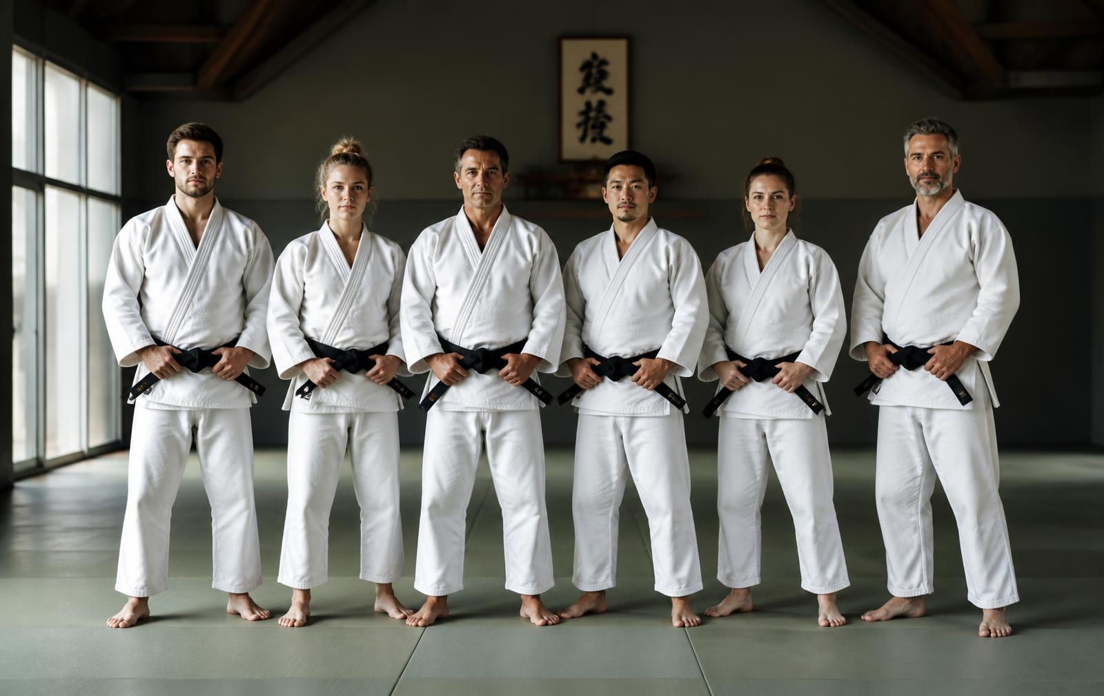 Les professeurs du club en kimono, alignés dans le dojo